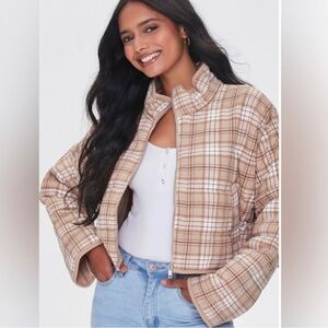 Forever 21 Plaid Teddy Jacket in Beige